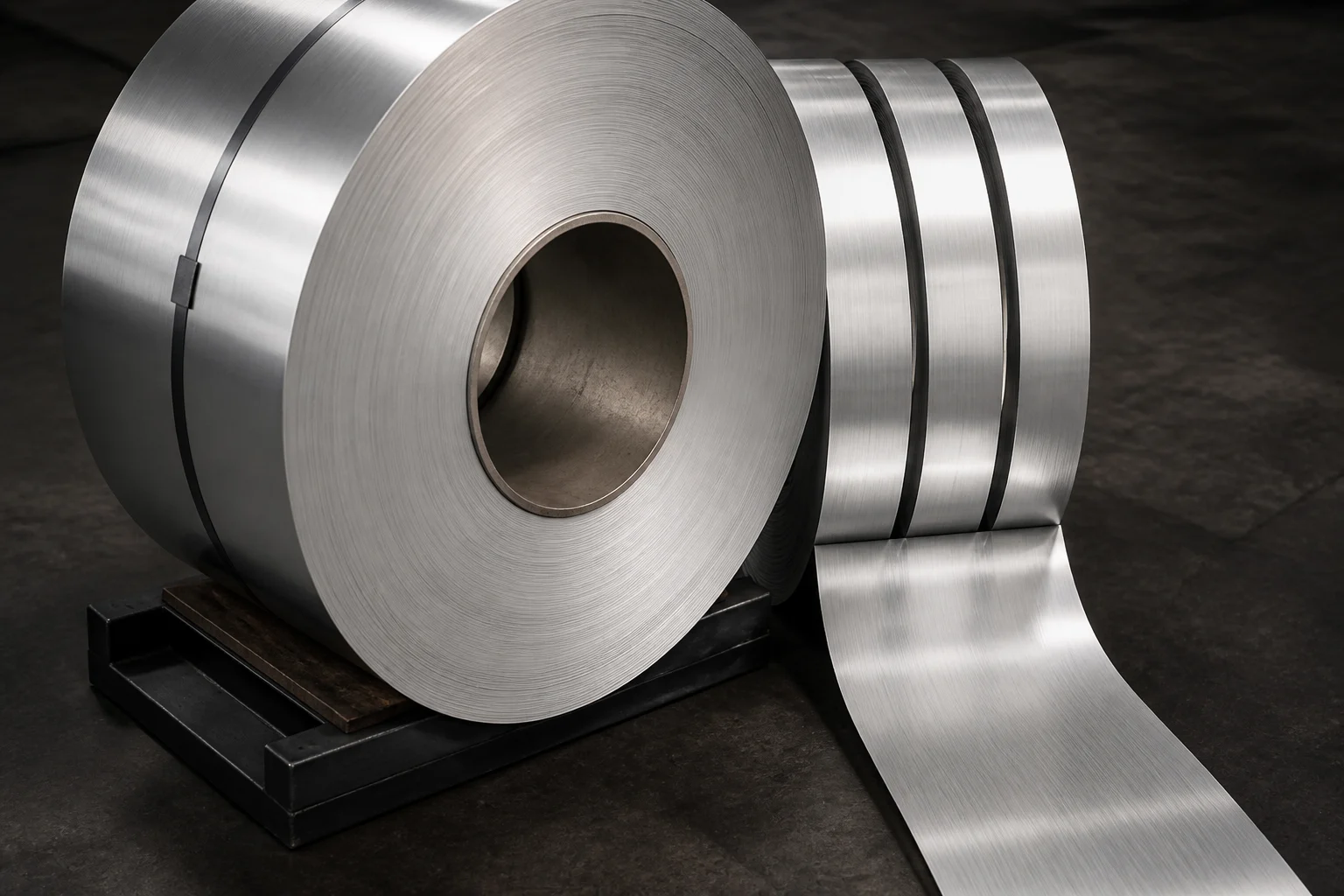 Aluminium master coil and slit coils on cradles with an unrolled strip showing edge and surface condition