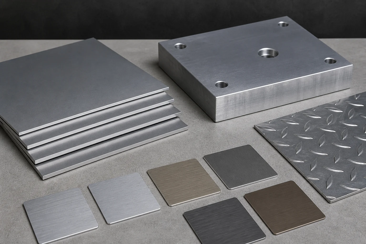 Aluminium sheets, tooling plate, tread plate and finish samples arranged for thickness and surface comparison