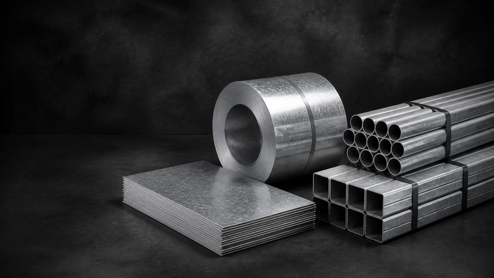 Galvanised sheet stack, zinc-coated coil, round tubes and rectangular hollow sections showing spangled finish
