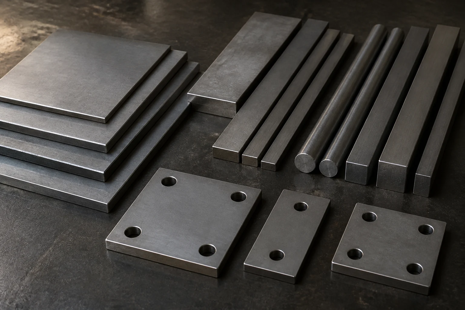 Mild steel plates, flat bars, round and square bars, and drilled base plates arranged for size comparison