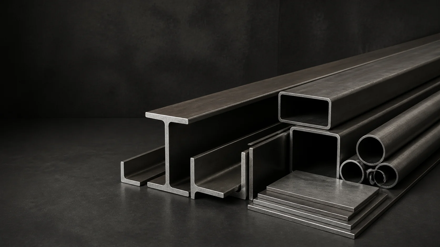 Mild steel I-beam, channels, hollow sections, pipes and base plates grouped for section comparison