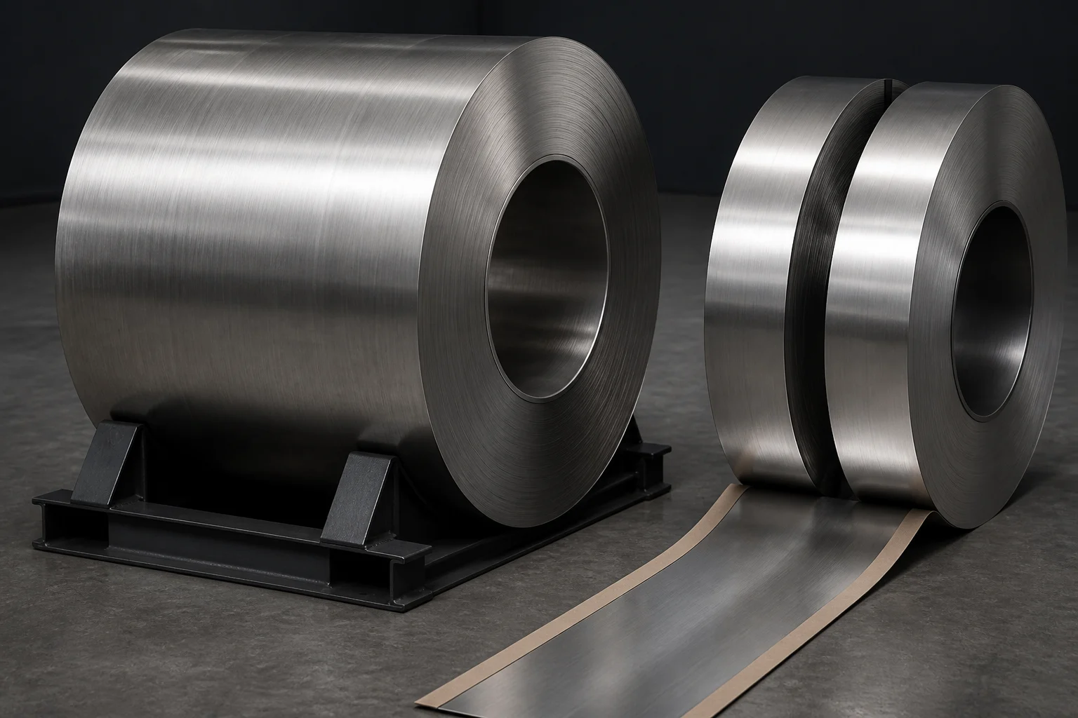 Wide stainless steel master coil and two narrow slit coils showing bore, width and brushed strip finish
