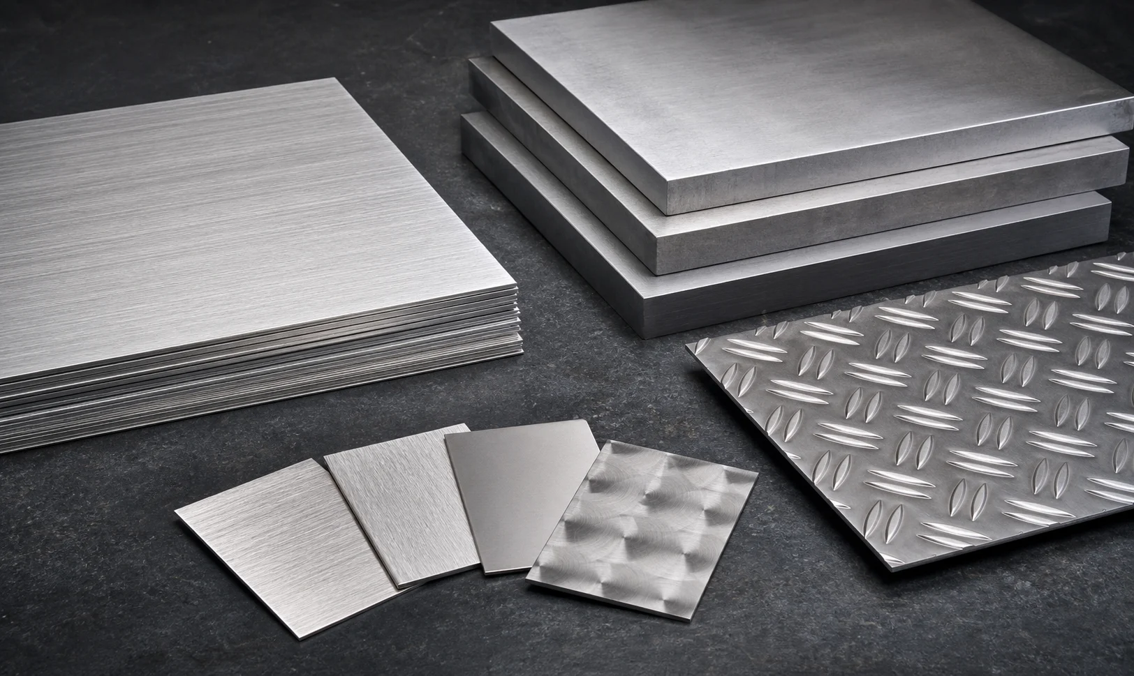 Brushed stainless steel sheets, thick plates, tread plate and finish samples arranged for comparison