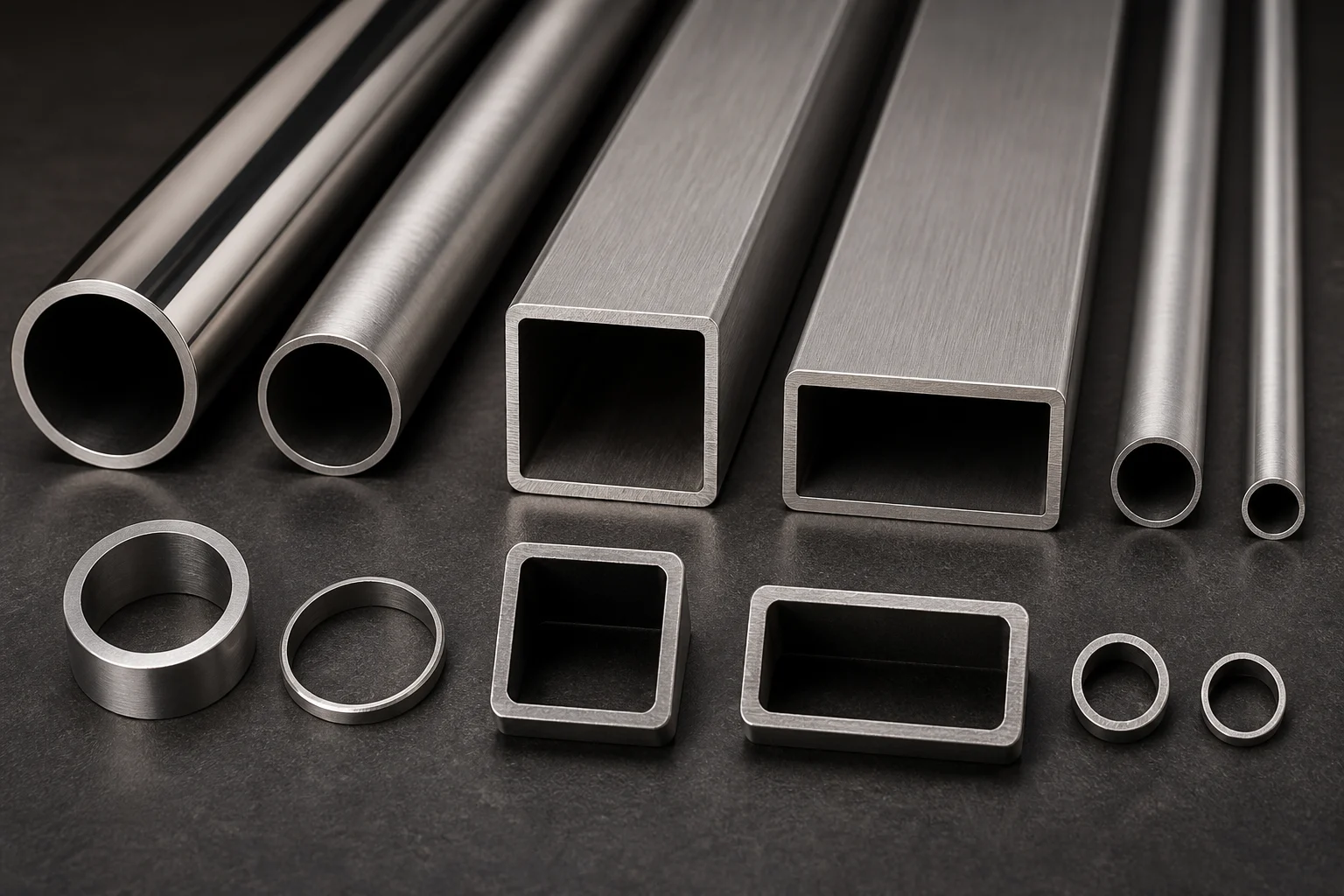 Round, square and rectangular stainless steel tubes with cut cross-sections showing wall thickness
