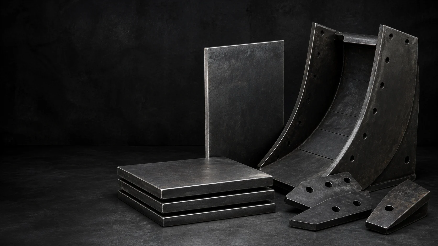 Thick wear-resistant steel plates, chute liner and drilled wear components arranged on a dark surface